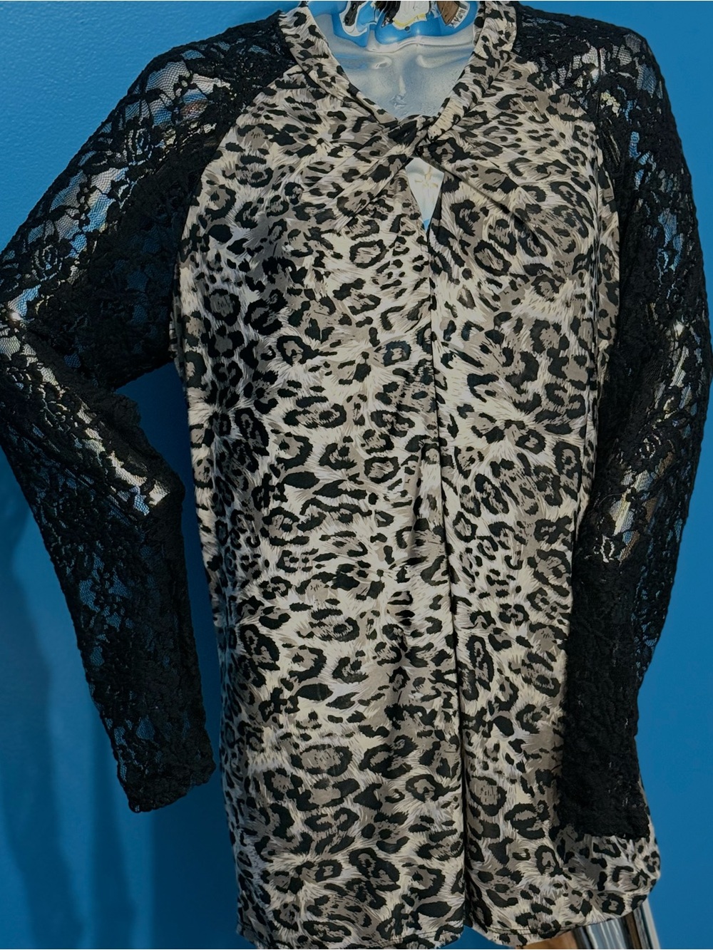 Yummy Plus Women’s Leopard-Print Lace Sleeve Tunic  - Black & Cream XL